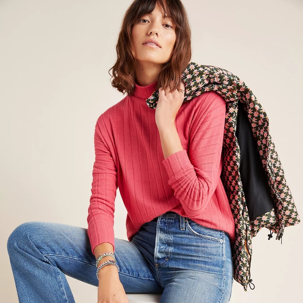 Anthropologie mock neck hacci pullover tunic top, large, pink